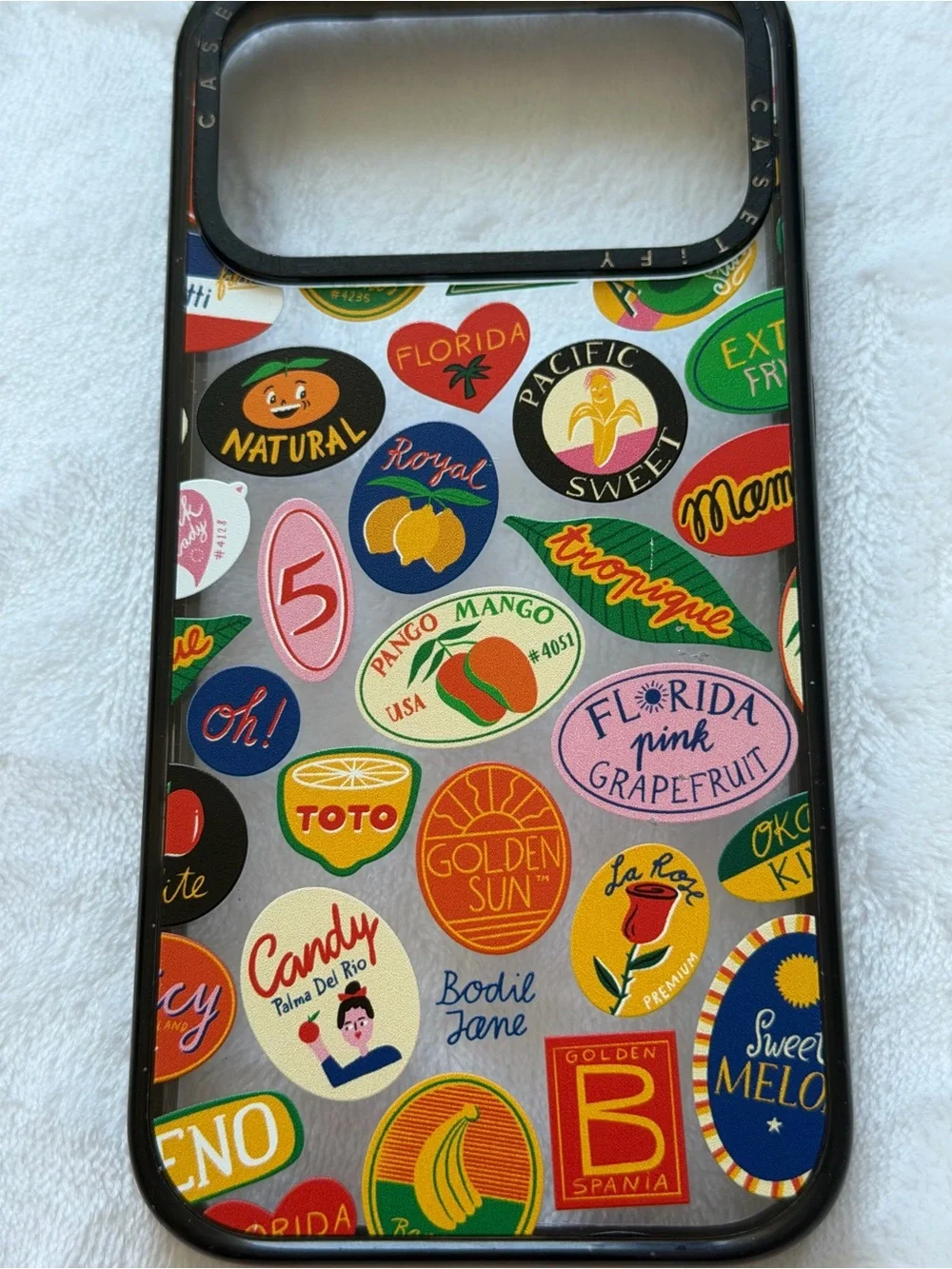 Black Phone Case with Colorful Fruit Sticker Design